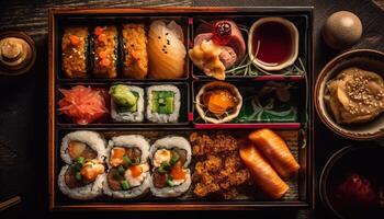 fijnproever zeevruchten maaltijd met sushi variatie dienblad gegenereerd door ai foto