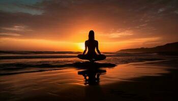 vrouw beoefenen yoga Bij rustig strand Bij schemer gegenereerd door ai foto