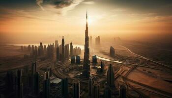 futuristische wolkenkrabbers verlichten de Dubai stadsgezicht Bij schemer gegenereerd door ai foto