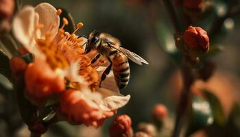 bezig honing bij plukken omhoog stuifmeel buitenshuis gegenereerd door ai foto