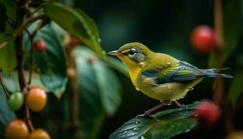 geel zangvogel neerstrijken Aan groen boom Afdeling gegenereerd door ai foto