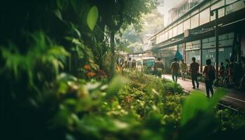 wandelen door de stad, te midden van vers groen gegenereerd door ai foto