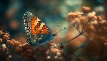 multi gekleurde vlinder rust Aan levendig geel bloem gegenereerd door ai foto