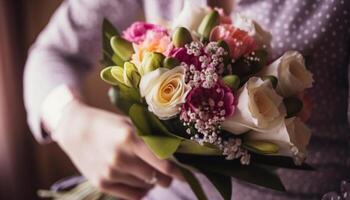 bruid Holding boeket, liefde en geluk gevierd gegenereerd door ai foto