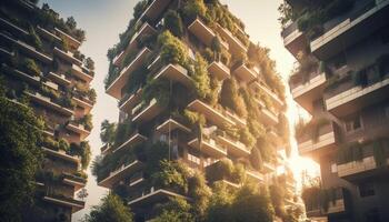 nacht horizon gloeit, modern architectuur temidden van natuur gegenereerd door ai foto