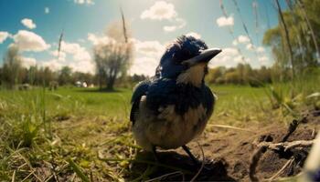 een vogel neerstrijken Aan tak, omringd door natuur gegenereerd door ai foto