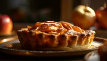 eigengemaakt appel taart gebakken Aan rustiek tafel gegenereerd door ai foto