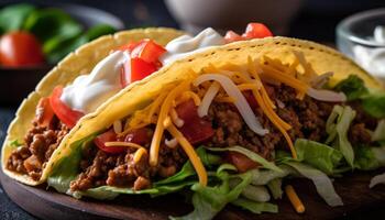 gegrild rundvlees taco Aan vers flatbread bord gegenereerd door ai foto