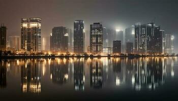 gloeiend wolkenkrabber weerspiegelt modern stad leven Bij schemer gegenereerd door ai foto