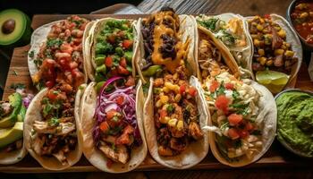 gegrild rundvlees taco's met vers guacamole en salsa gegenereerd door ai foto