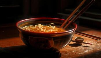 fijnproever kom van ramen met vers groenten gegenereerd door ai foto