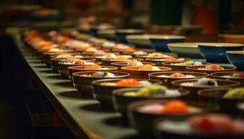 kleurrijk serviesgoed in groot verzameling Aan tafel gegenereerd door ai foto