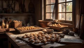 rustiek eigengemaakt koekjes gebakken in huiselijk keuken gegenereerd door ai foto