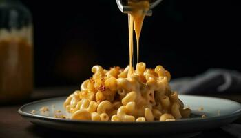 gezond pasta maaltijd met honing saus gegoten vers gegenereerd door ai foto
