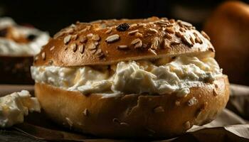 gegrild hamburger Aan rustiek broodje, smeltend Cheddar gegenereerd door ai foto