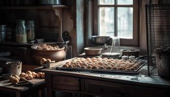 eigengemaakt brood bakken in rustiek oven binnenshuis gegenereerd door ai foto