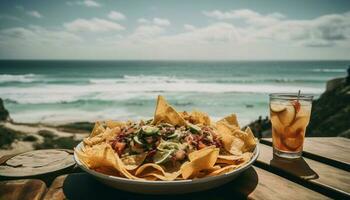 fijnproever guacamole en taco feest door de strand gegenereerd door ai foto