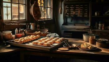 rustiek eigengemaakt gebakken brood Aan houten tafel gegenereerd door ai foto
