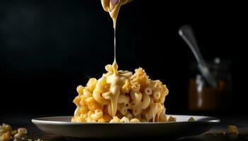 fijnproever pasta maaltijd Aan houten tafel buitenshuis gegenereerd door ai foto