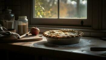 eigengemaakt appel taart, gebakken met biologisch ingrediënten gegenereerd door ai foto