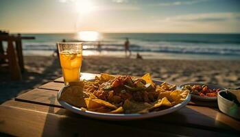 zonsondergang strand maaltijd fijnproever vlees, drinken verfrissing gegenereerd door ai foto