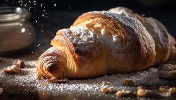 vers gebakken croissant Aan houten tafel toegeeflijkheid gegenereerd door ai foto