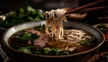 gezond maaltijd vegetarisch noodle soep met vers kruiden gegenereerd door ai foto