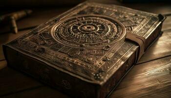 antiek leer Bijbel Aan oud houten tafel gegenereerd door ai foto