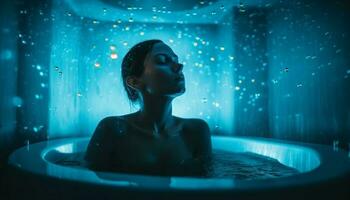 volwassen vrouw geniet luxueus spa bubbel bad gegenereerd door ai foto