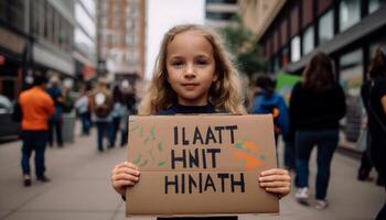 schattig Kaukasisch meisje Holding onderwijs teken, glimlachen vrolijk gegenereerd door ai foto