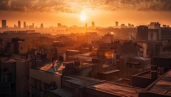 gloeiend stadsgezicht met wolkenkrabbers Bij schemer gegenereerd door ai foto