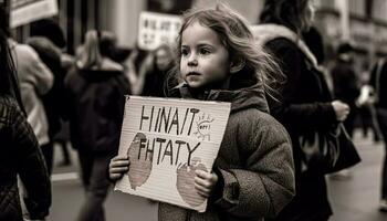 kinderen protesteren dakloos, vragen voor sociaal Diensten gegenereerd door ai foto