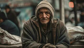 dakloos senior Mens looks verdrietig in winter eenzaamheid gegenereerd door ai foto