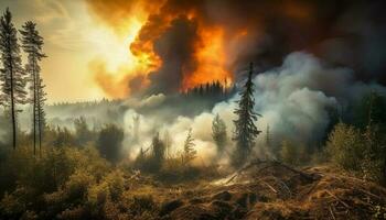 rokerig berg bereik, brandend pijnboom boom warmte schade gegenereerd door ai foto