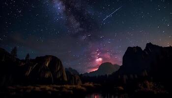 majestueus berg top verlichte door ster spoor gegenereerd door ai foto