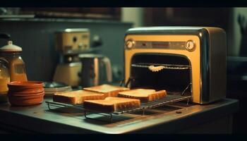 vers gebakken brood Aan metaal bord binnenshuis gegenereerd door ai foto