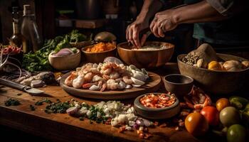 vers ingrediënten Aan rustiek tafel, Koken fijnproever maaltijd gegenereerd door ai foto