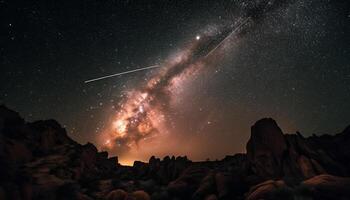 galactisch nacht lucht gloeit met ster spoor gegenereerd door ai foto