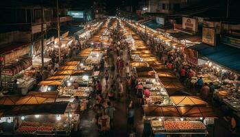 nacht markt vol van leven, voedsel, en cultuur gegenereerd door ai foto