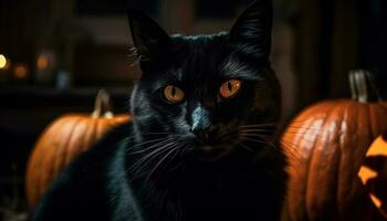 schattig katje zittend met pompoen voor halloween gegenereerd door ai foto