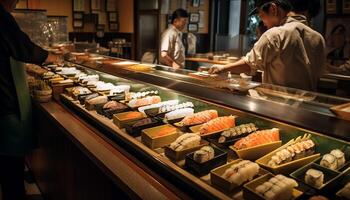 fijnproever Japans chef werken in vers zeevruchten op te slaan gegenereerd door ai foto