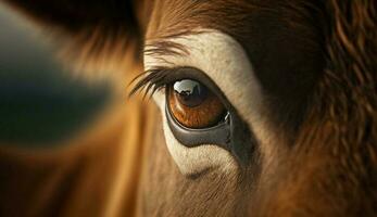 hengst begrazing in weide oog Aan camera gegenereerd door ai foto