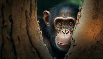 primaat portret jong orangoetan aan het eten Aan Afdeling gegenereerd door ai foto