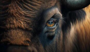 dichtbij omhoog portret van schattig koe begrazing buitenshuis gegenereerd door ai foto