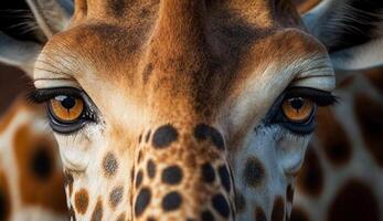 gevlekte giraffe dichtbij omhoog op zoek schattig buitenshuis gegenereerd door ai foto