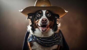 cowboy puppy glimlacht voor halloween met halsband gegenereerd door ai foto