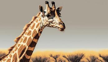 giraffe staand hoog in savanne duidelijk gegenereerd door ai foto