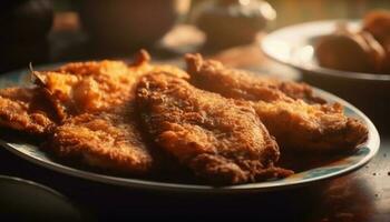 gebakken kip en zeevruchten Aan een bord gegenereerd door ai foto