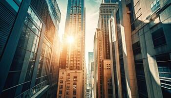 hoog staal wolkenkrabber weerspiegelt modern stad leven Bij schemer gegenereerd door ai foto