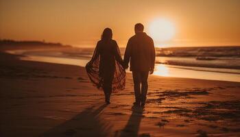 heterosexual paar wandelen Aan strand, Holding handen gegenereerd door ai foto